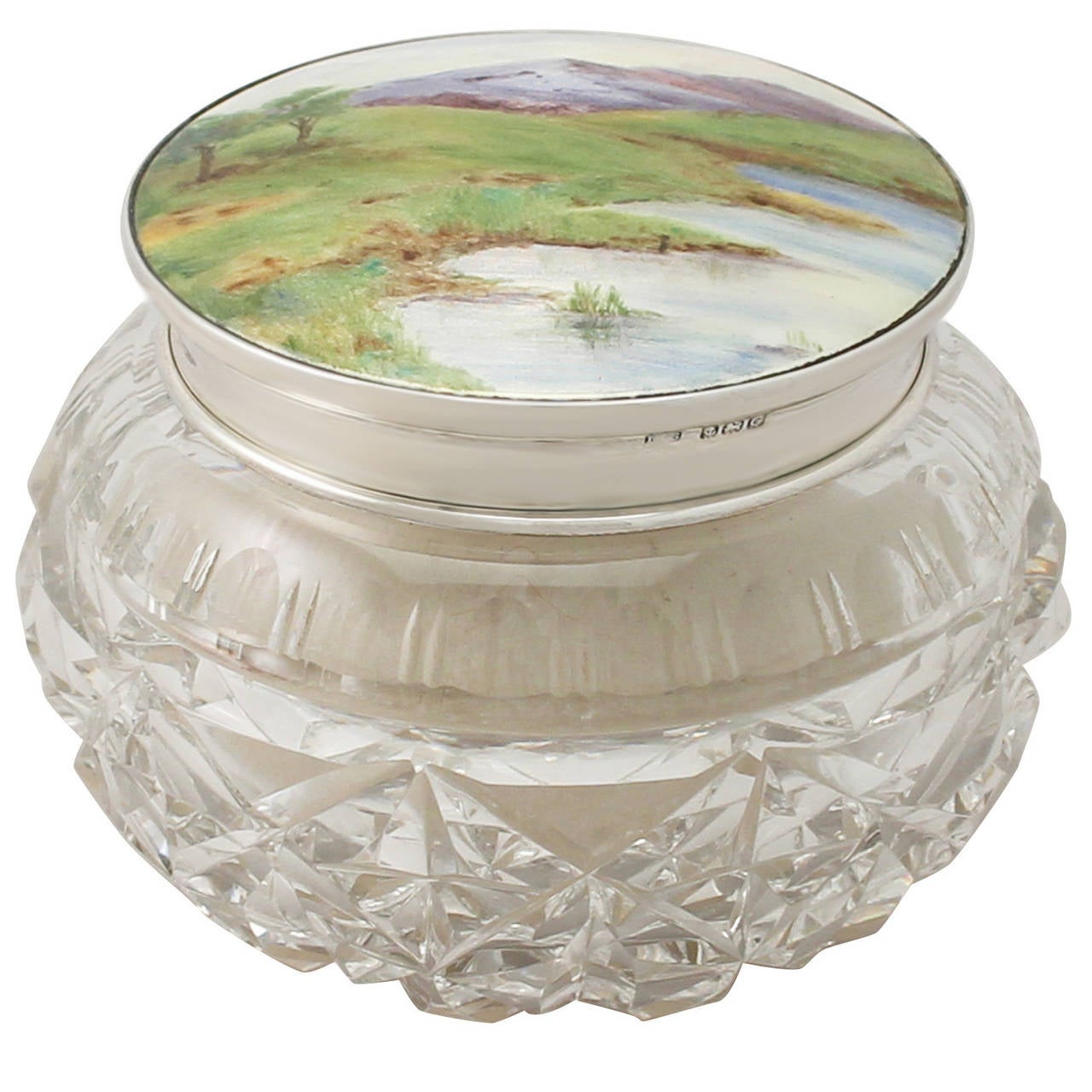 Sterling Silver, Cut Glass and Enamel Dressing Table Jar, Antique