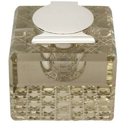 Champagne Coloured Cut Glass and Sterling Silver Desk Inkwell, Antique