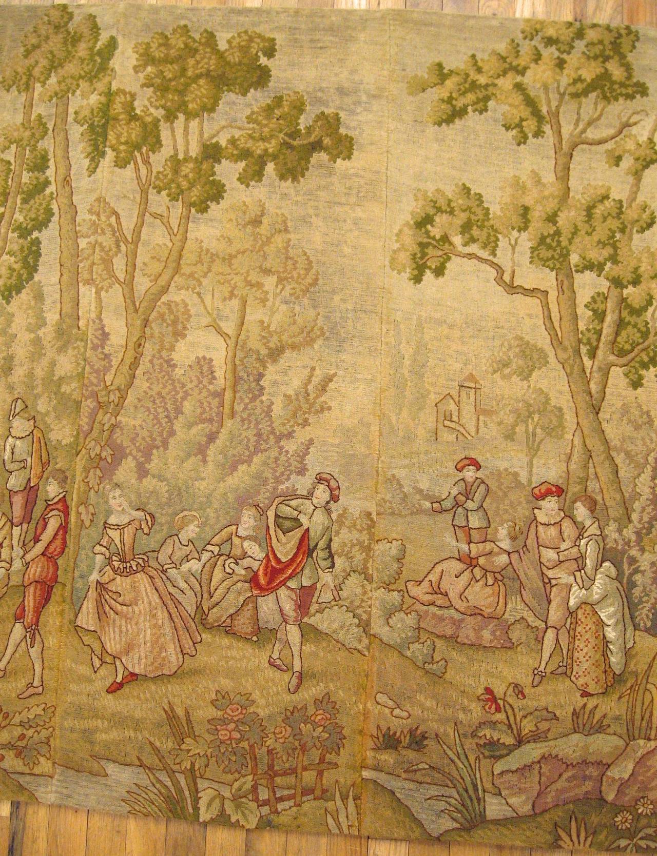 Antique European Needlepoint Tapestry Panels with Courtiers Reveling