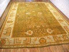 Antique Turkish Oushak Carpet with Cypress Trees, in Large Size, Green and Ivory