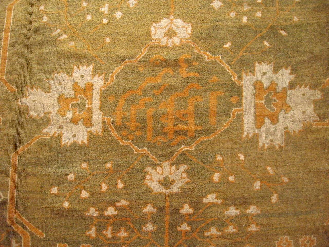 Early 20th Century Antique Turkish Oushak Carpet with Cypress Trees, in Large Size, Green and Ivory For Sale
