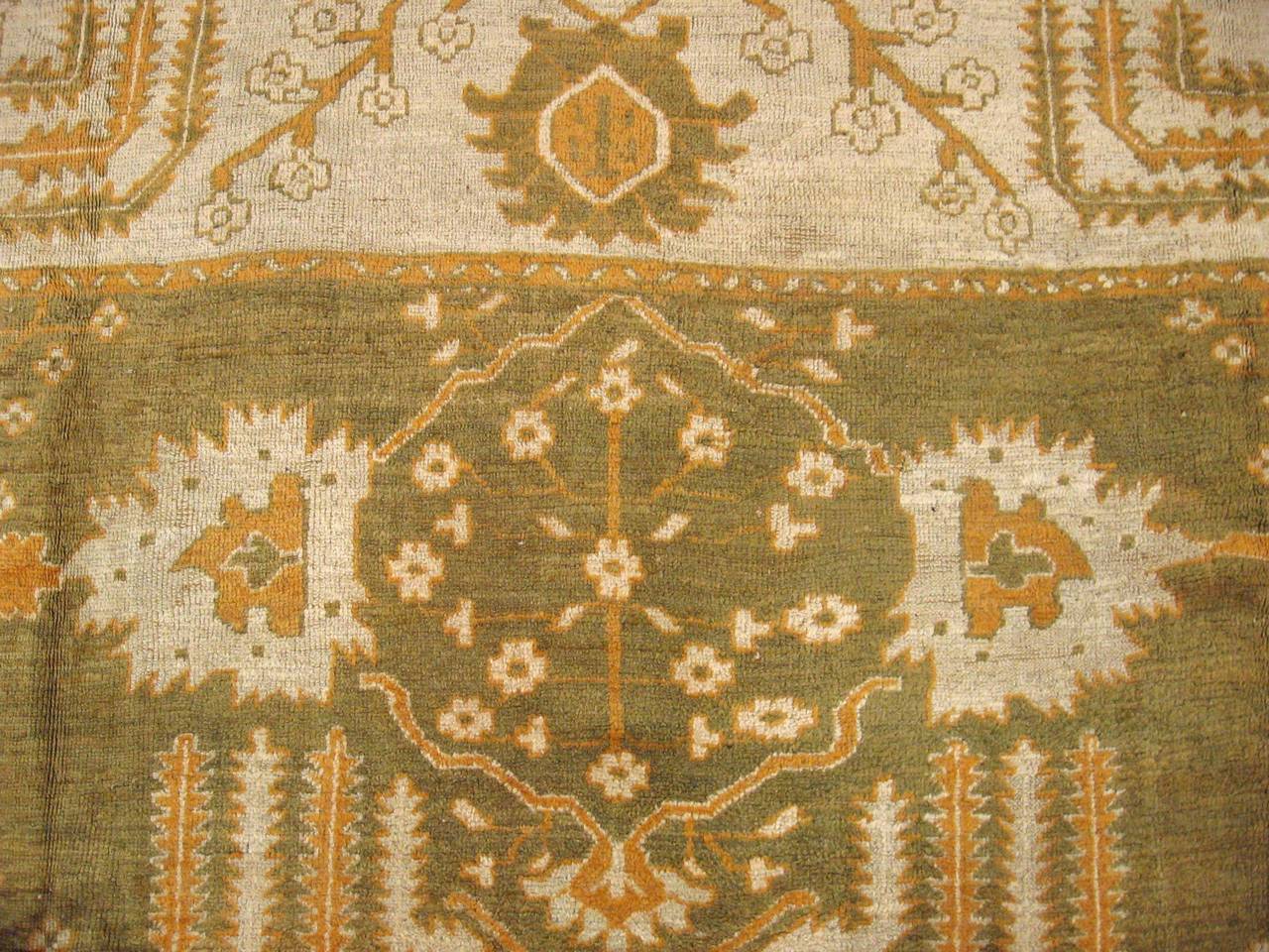 Wool Antique Turkish Oushak Carpet with Cypress Trees, in Large Size, Green and Ivory For Sale