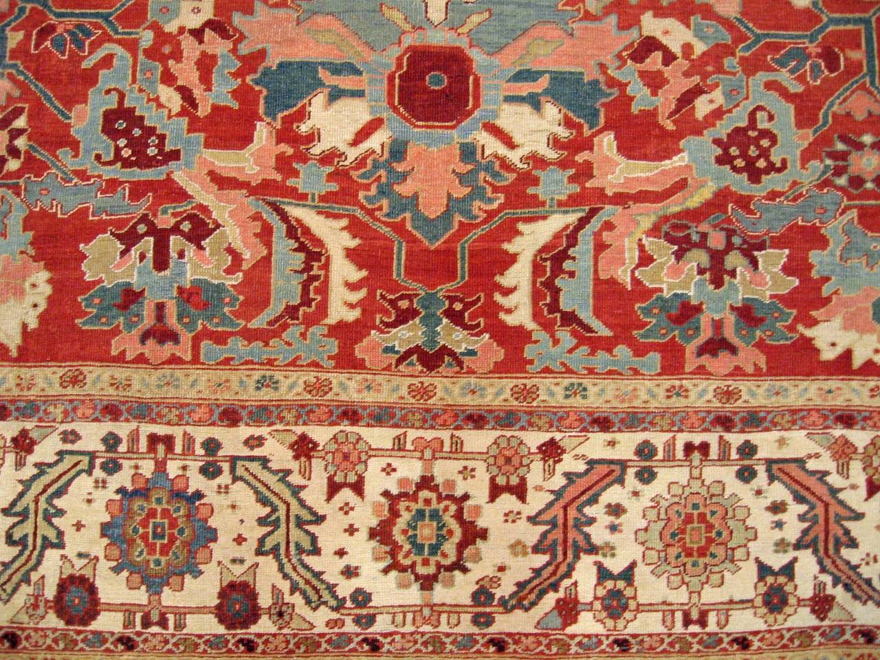 Hand-Knotted Antique Persian Serapi Carpet, in Large Size, with Allover Design & Ivory Border For Sale