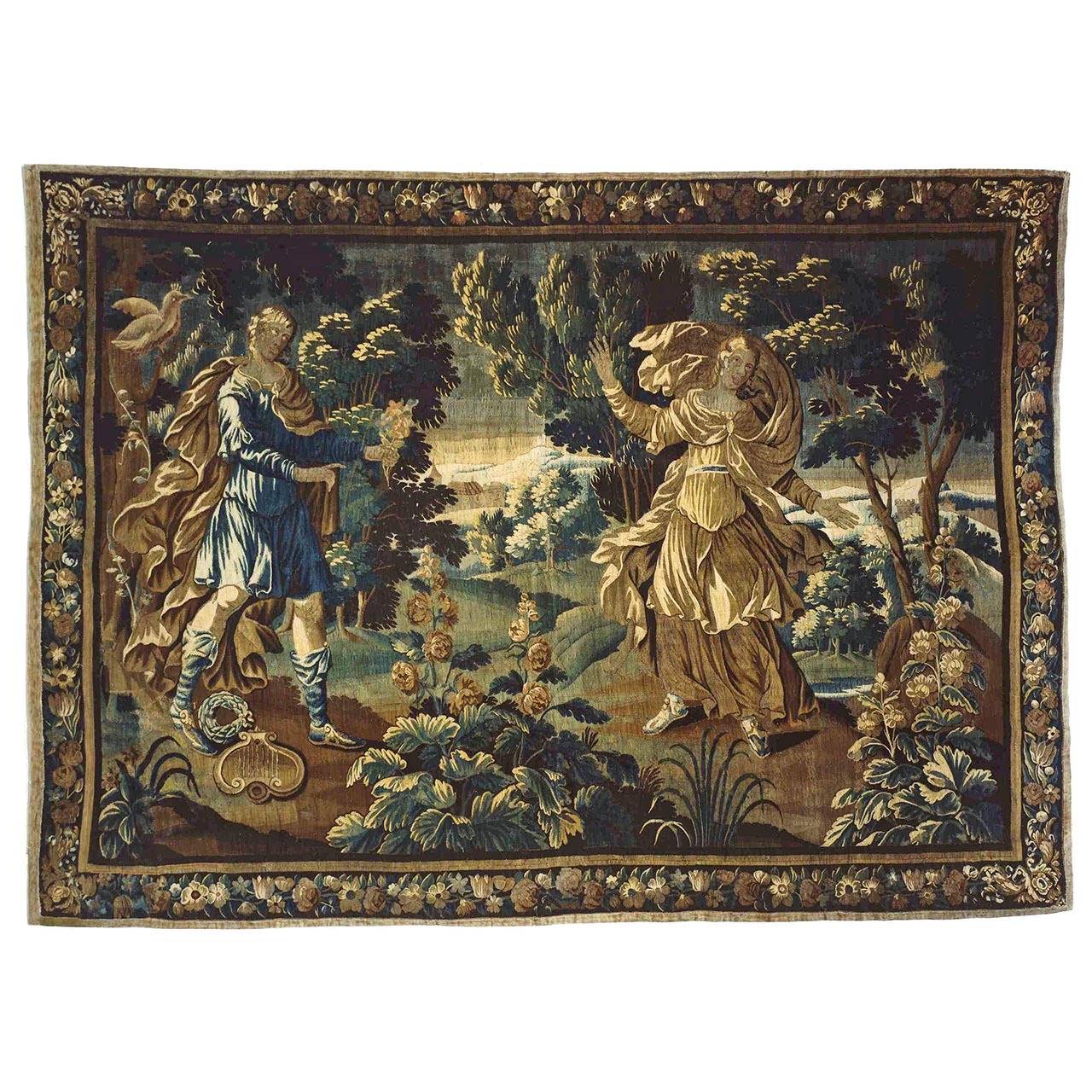 Antique 17th Century Flemish Mythological Tapestry, with the Courtship