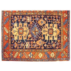 Antique Heriz Karaja Oriental Rug, Small Square Size, w/ Blue Field & Medallions