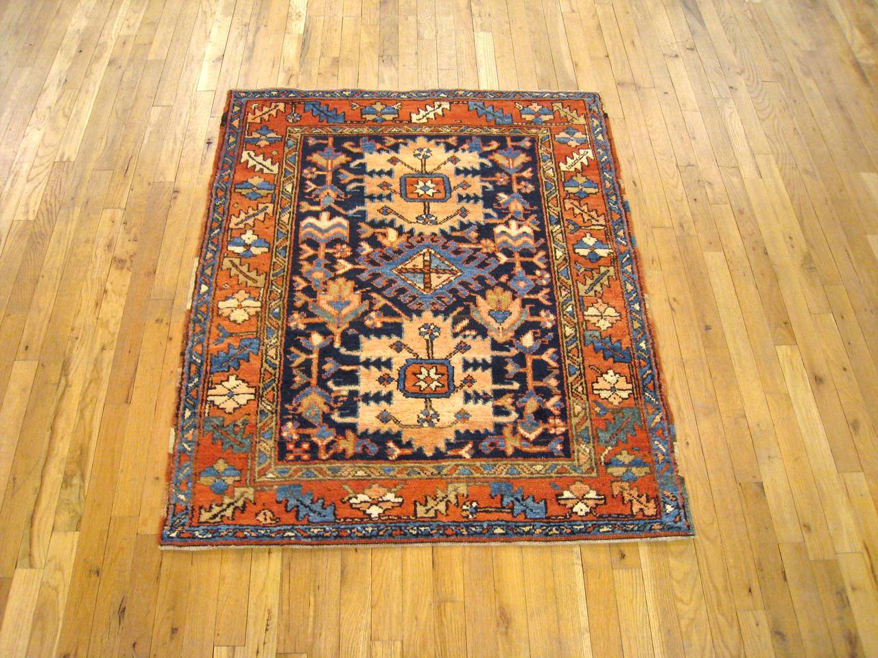 Antique Heriz Karaja Oriental Rug, Small Square Size, w/ Blue Field and