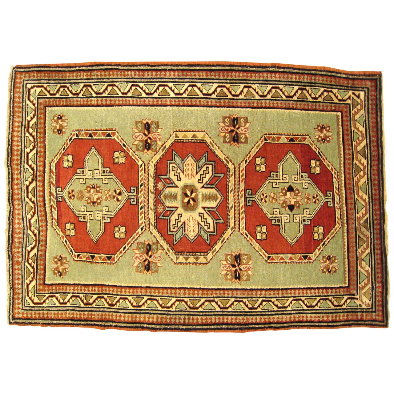 Antique Caucasian Kazak Oriental Rug, in Small Squarish Size w/ Green