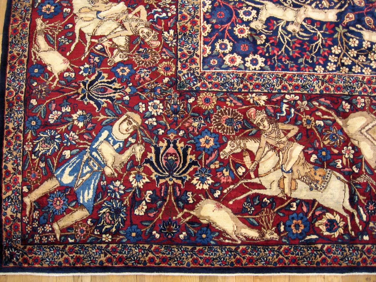 Hand-Knotted Antique Persian Kerman Hunting Design Oriental Carpet, circa 1890