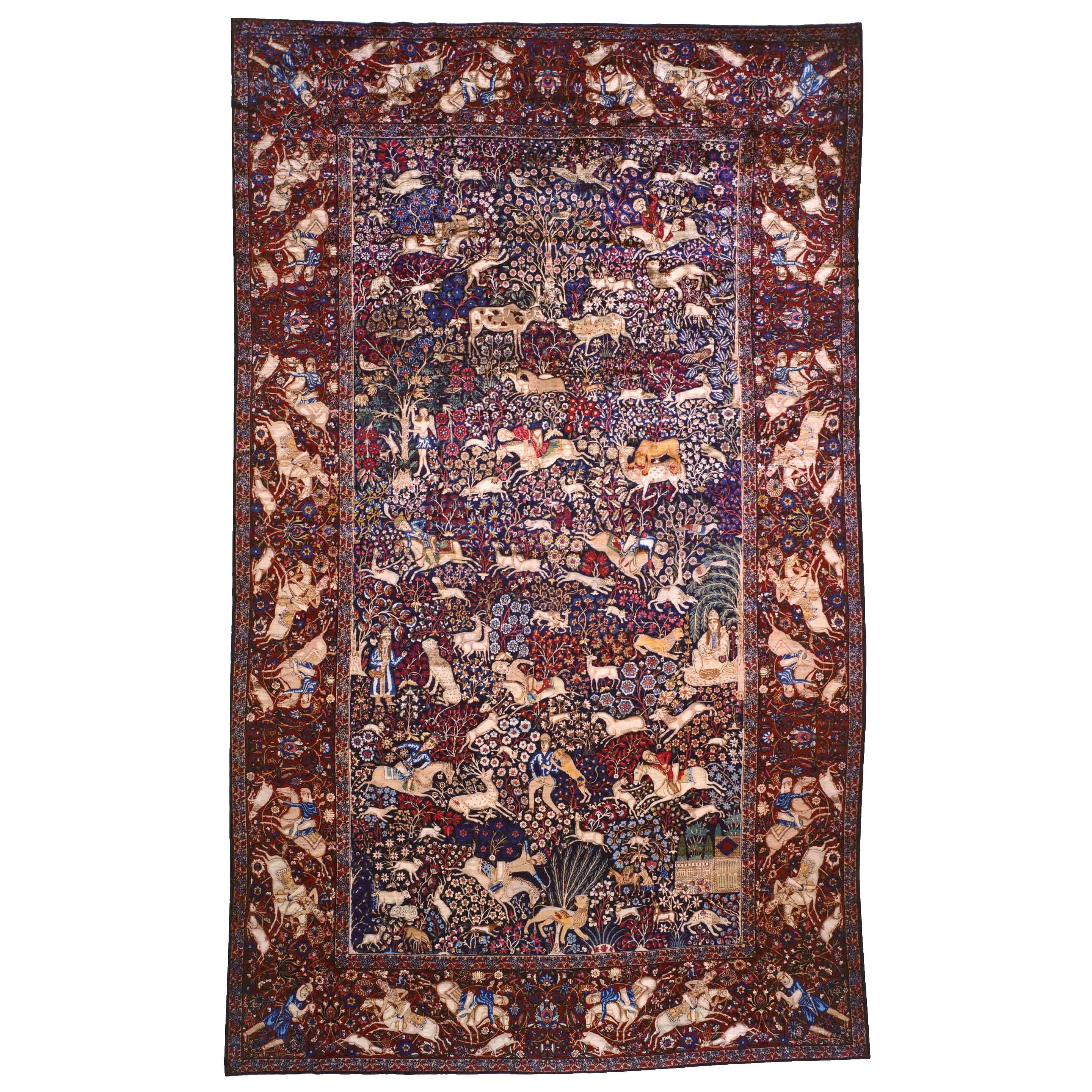 Antique Persian Kerman Hunting Design Oriental Carpet, circa 1890