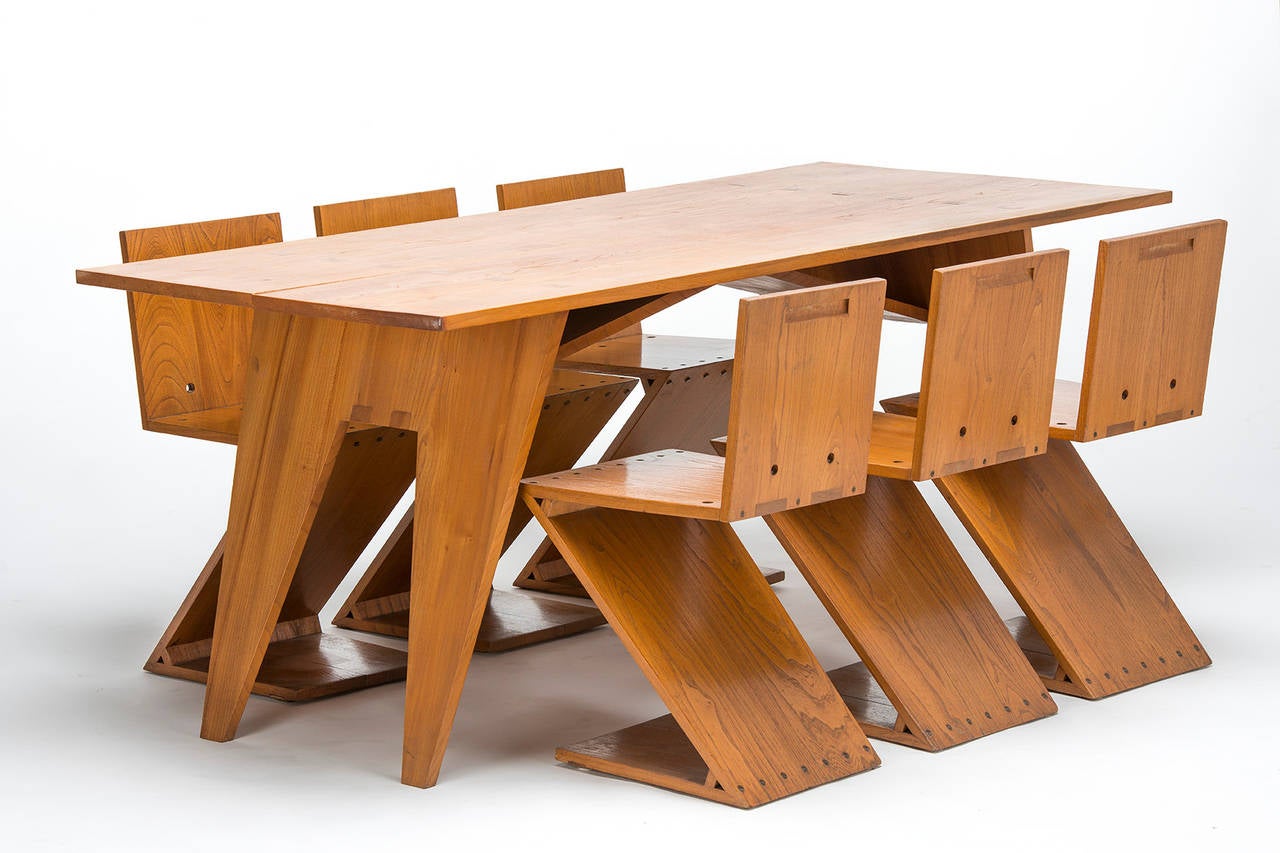 Table with six chairs by Gerrit Rietveld. Design dates from 1932-1933.
Executed, circa 1960 for Rietveld's grandson Fons Seyler, a son of,
Daughter Bep Rietveld and her husband Guus Seyler.