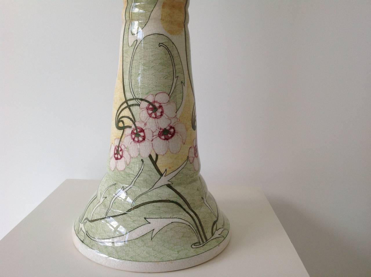 Dutch Art Nouveau Vase with Long Neck, Hand-Painted Ceramic For Sale