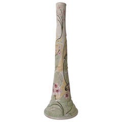Art Nouveau Vase with Long Neck, Hand-Painted Ceramic
