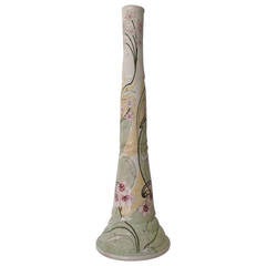 Art Nouveau Vase with Long Neck, Hand-Painted Ceramic