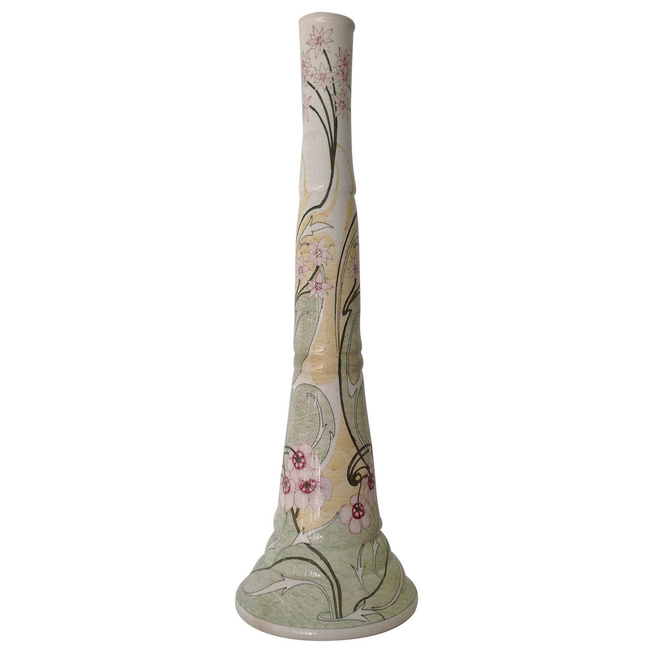 Art Nouveau Vase with Long Neck, Hand-Painted Ceramic For Sale