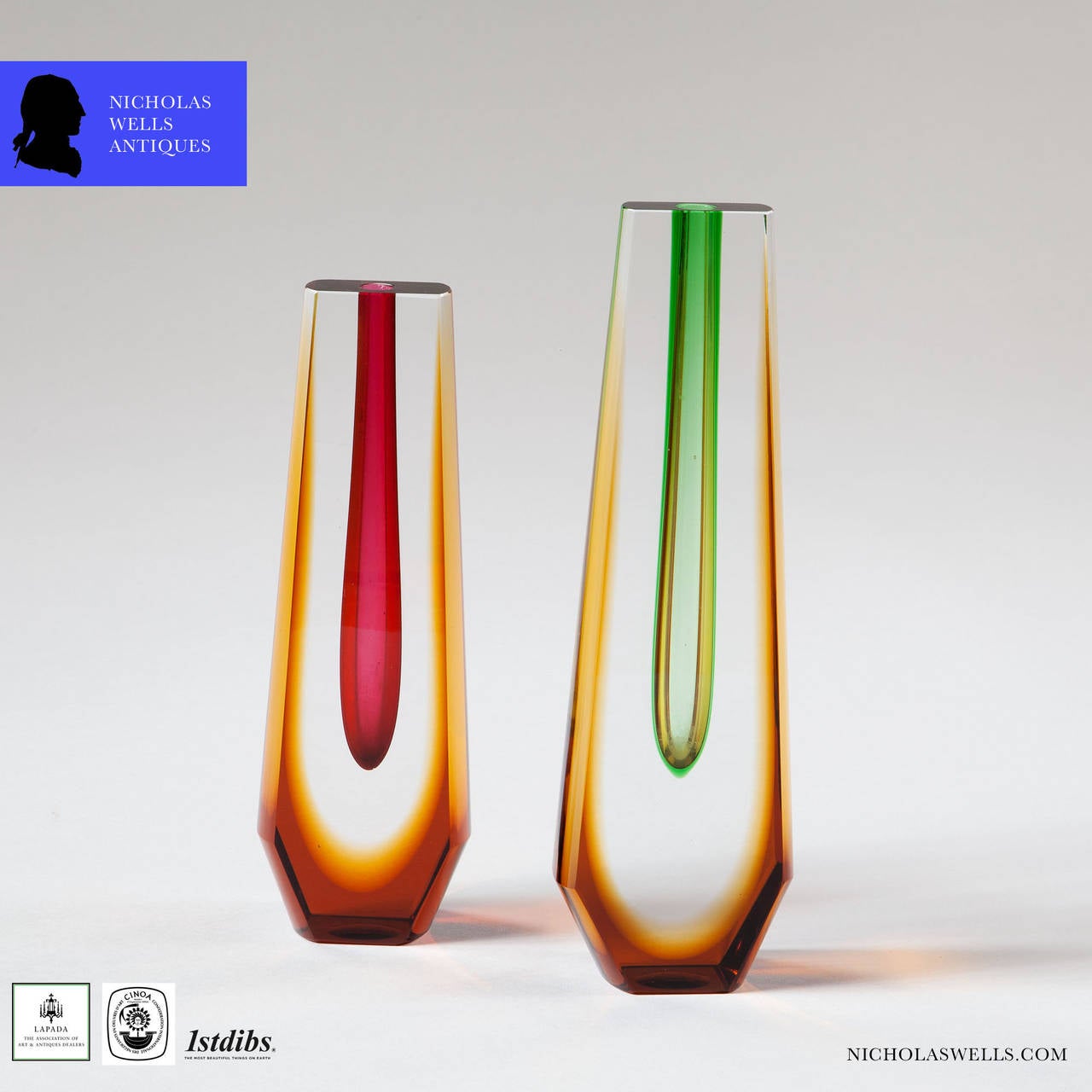 A collection of Czechoslovakian glasses by the designers Oldrich Lipsky and Pavel Hlava and others for Exbor, some signed.

Czechoslovakia, circa 1970.

Heights range from 12 in (30 cm) to 8 in (20cm).

Individual prices from left to right