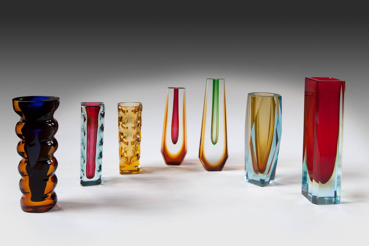 Three Mid-Century Czech Murano Style Sommerso Cut Glass Vases In Excellent Condition In London, by appointment only