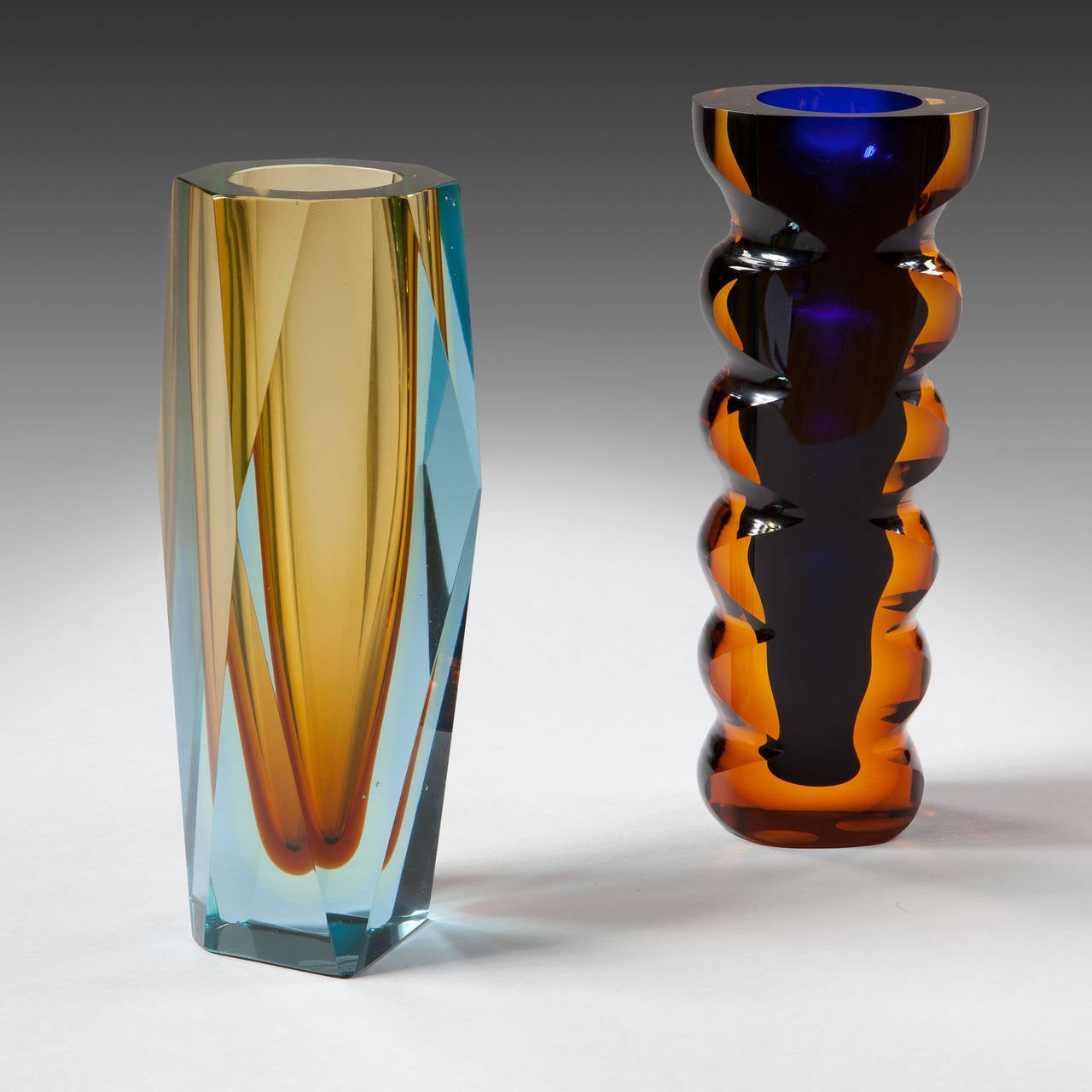 Three Mid-Century Czech Murano Style Sommerso Cut Glass Vases 1