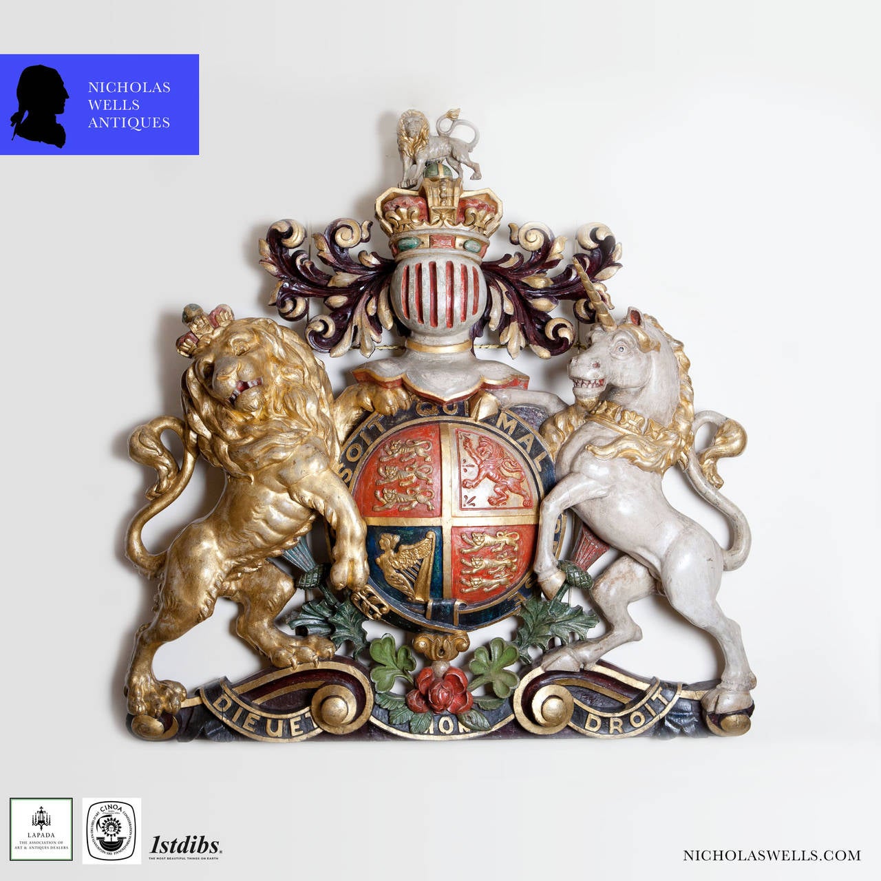 A large scale mid 20th century British Royal Coat of Arms, as used by Queen Elizabeth II from 1953.  

Dating from 1603, the Lion and the Unicorn are symbols of the United Kingdom. The lion symbolises England and the unicorn represents Scotland.