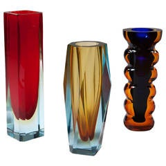 Retro Three Mid-Century Czech Murano Style Sommerso Cut Glass Vases