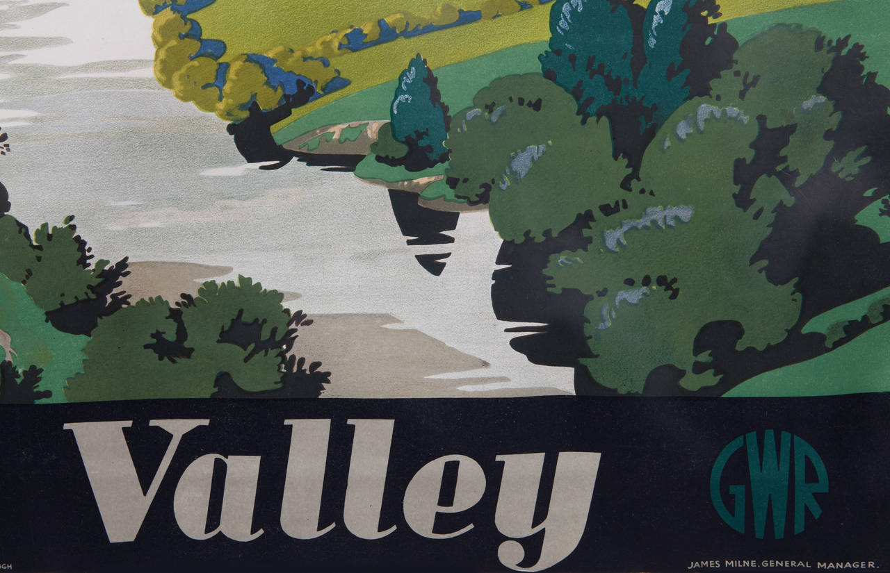 A rare post war Railway promotional poster for travel to the Wye valley in Wales for GWR by Frank Newbould (1887-1951), who studied at Bradford College of Art and joined the War Office in 1942. He also designed posters for the GWR (Great Western