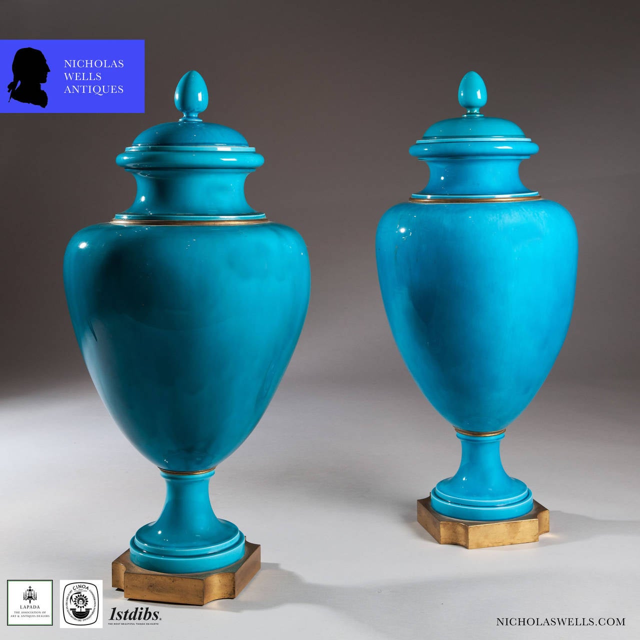 19th Century Pair of Turquoise Vases with Covers by Sèvres