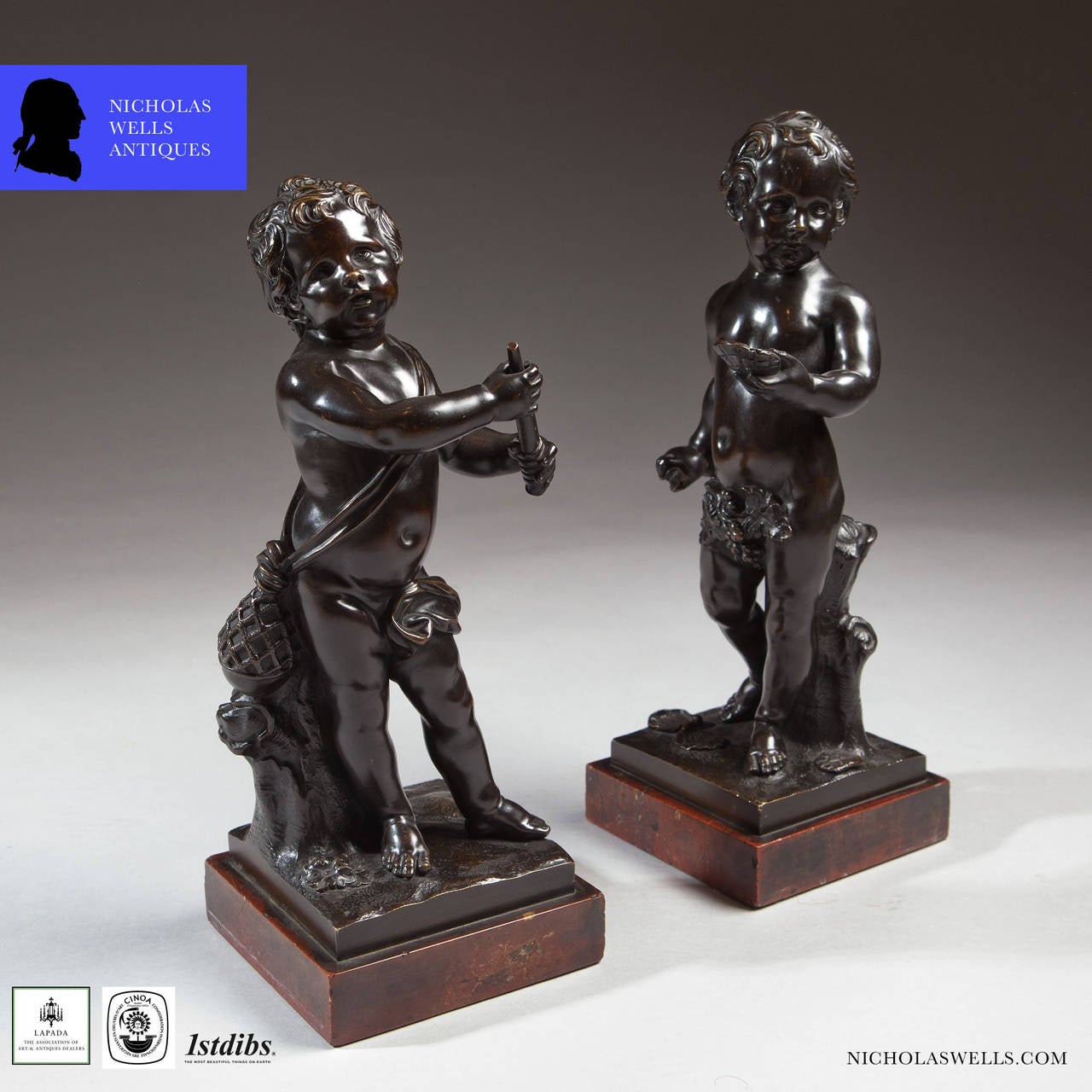 18th Century Pair of Bronze Cherubs on Marble Bases For Sale