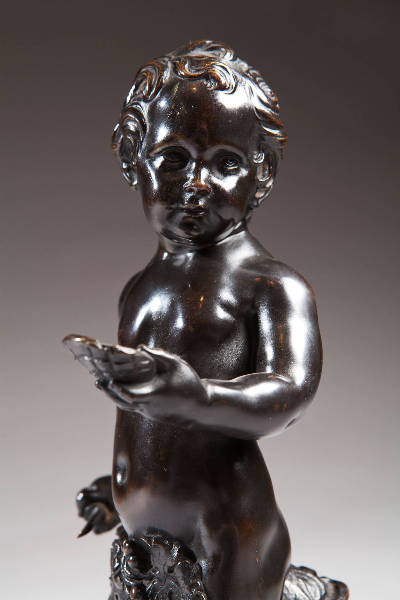Pair of Bronze Cherubs on Marble Bases For Sale 1