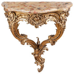 Table console rococo en bois doré de style Louis XV:: finement sculptée:: datant du milieu du 19e siècle