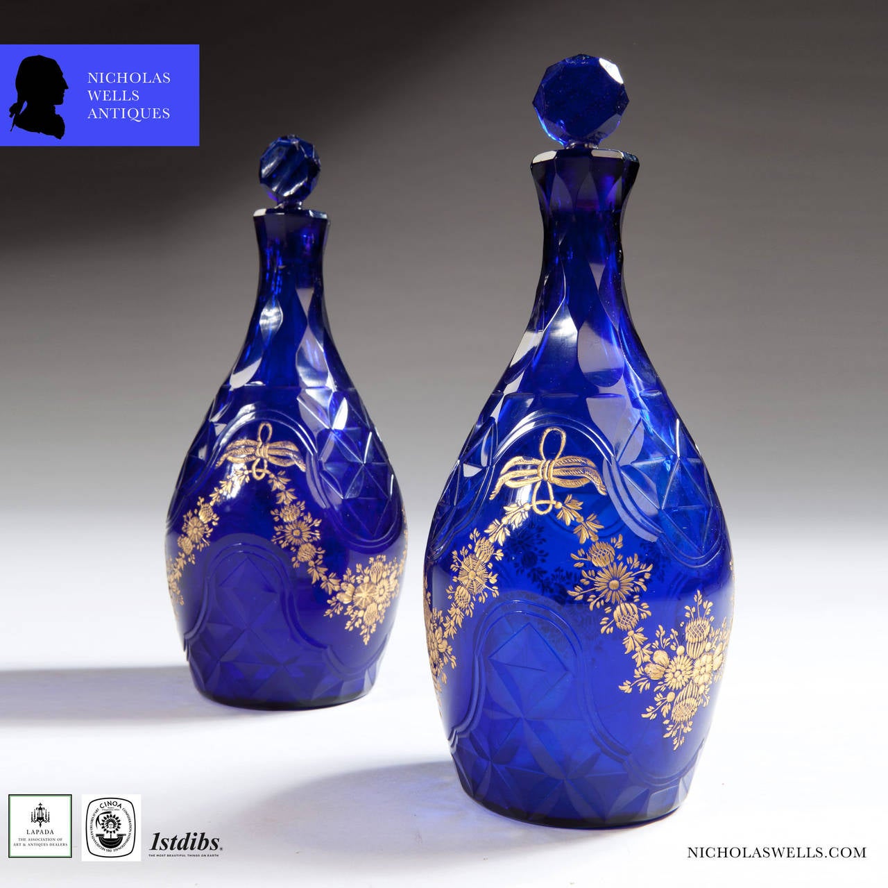 Pair of Late 18th Century Baluster Form Facetted Blue Glass Decanters In Excellent Condition For Sale In London, by appointment only