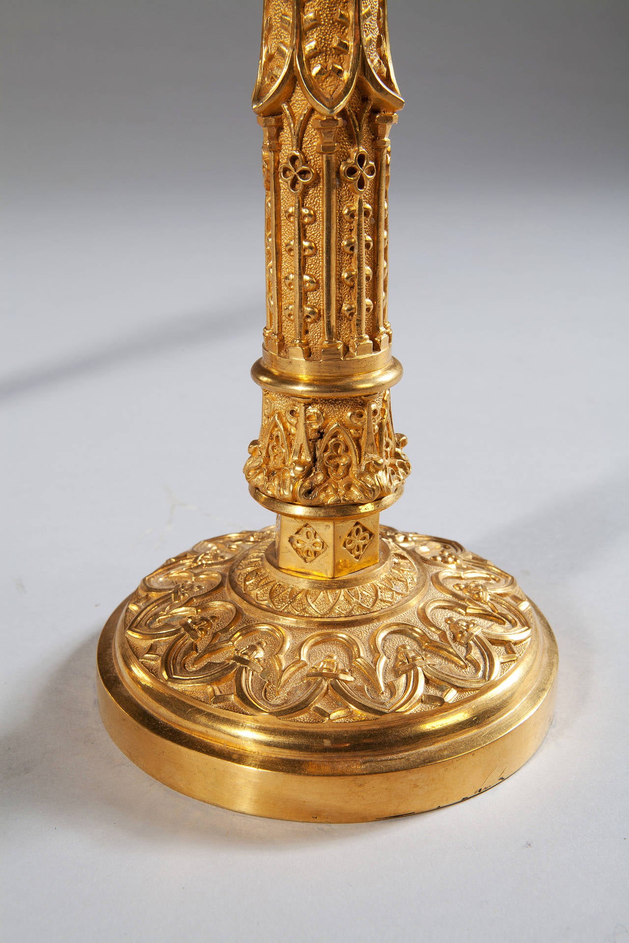 19th Century Fine Pair of Charles X Gilt Bronze Gothic Candlesticks