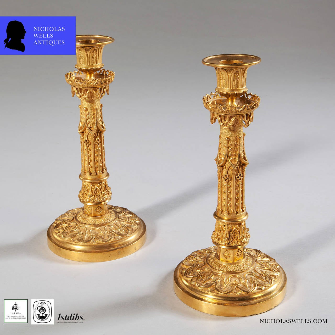 French Fine Pair of Charles X Gilt Bronze Gothic Candlesticks