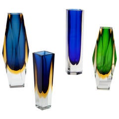 Group of Four Murano, Cut-Glass Sommerso Vases