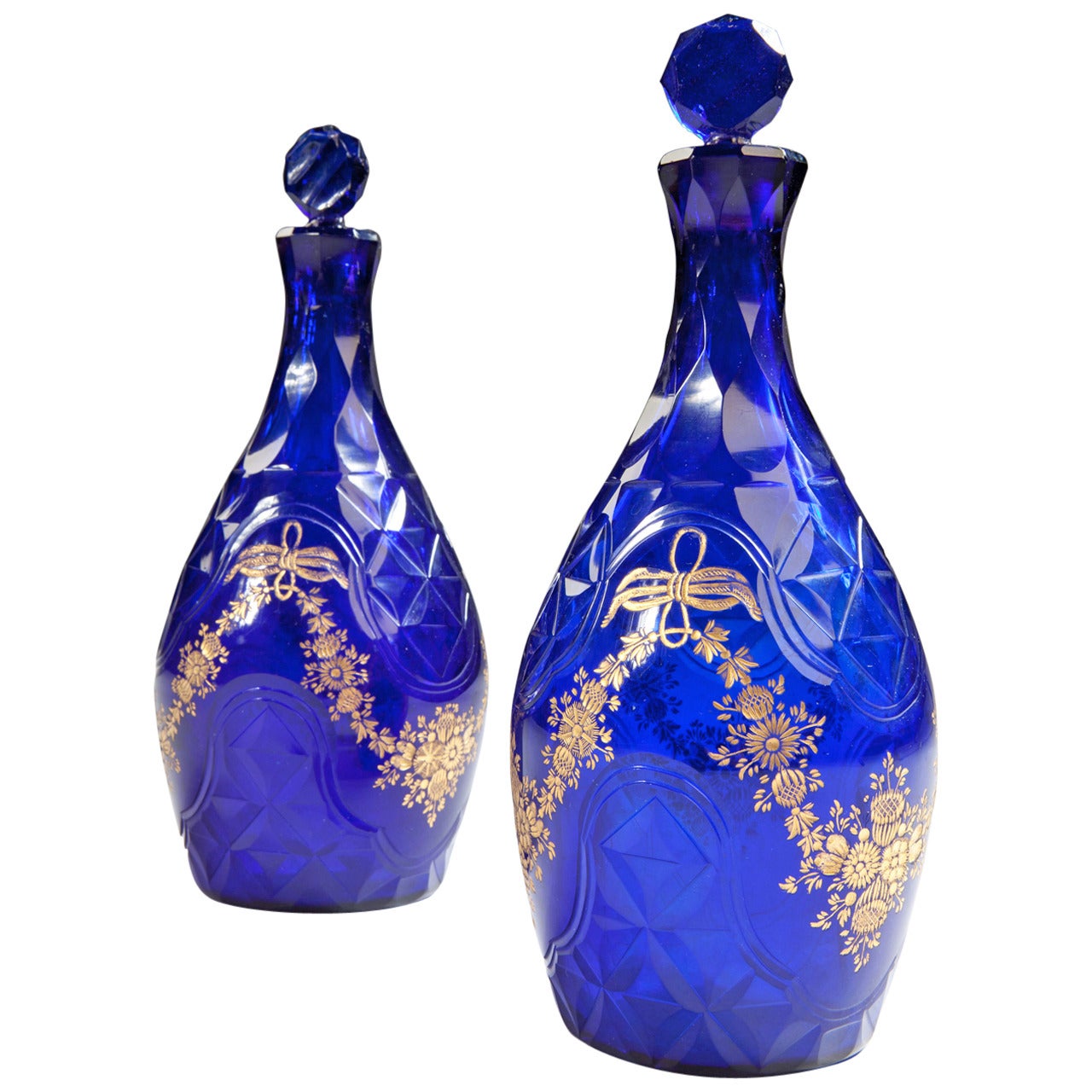 Pair of Late 18th Century Baluster Form Facetted Blue Glass Decanters For Sale