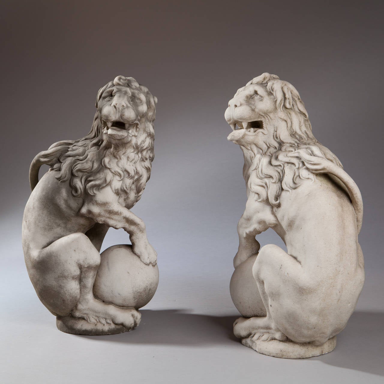 European Pair of 17th Century Carved Marble Lions