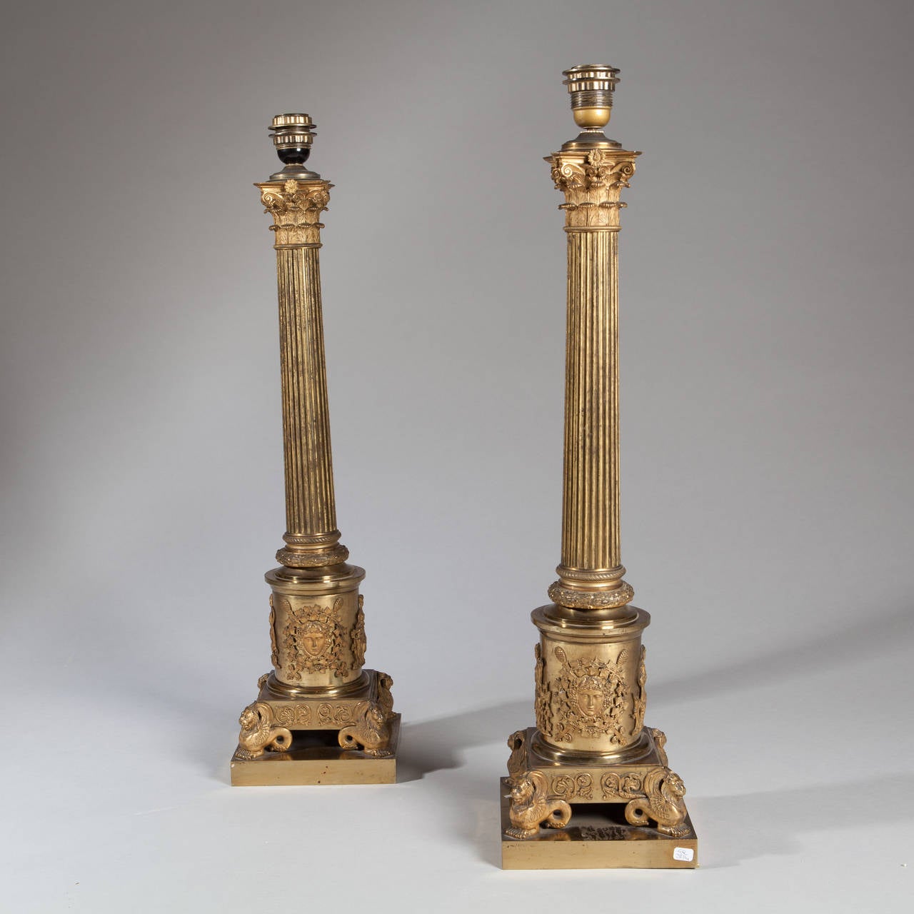 Monumental Pair of Very High Quality Gilt Bronze Column Lamps  For Sale 3