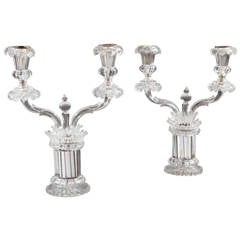 Antique Rare Pair of Regency Cut Glass Two-Light Candelabra