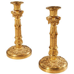 Fine Pair of Charles X Gilt Bronze Gothic Candlesticks