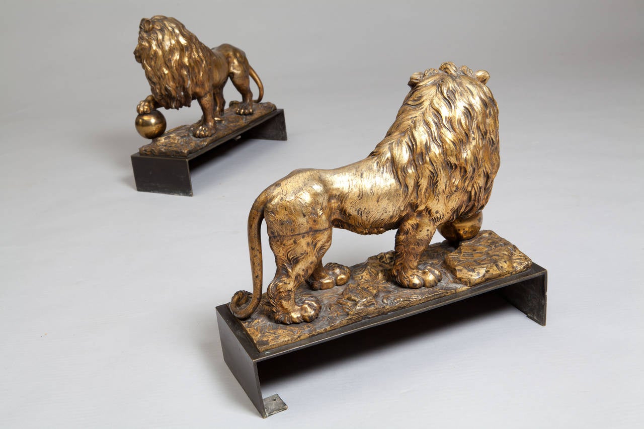 18th Century Pair of Gilt Bronze Medici Lions