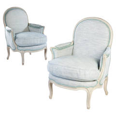 Pair of Grey Painted Louis XV French Bergere Armchairs 7