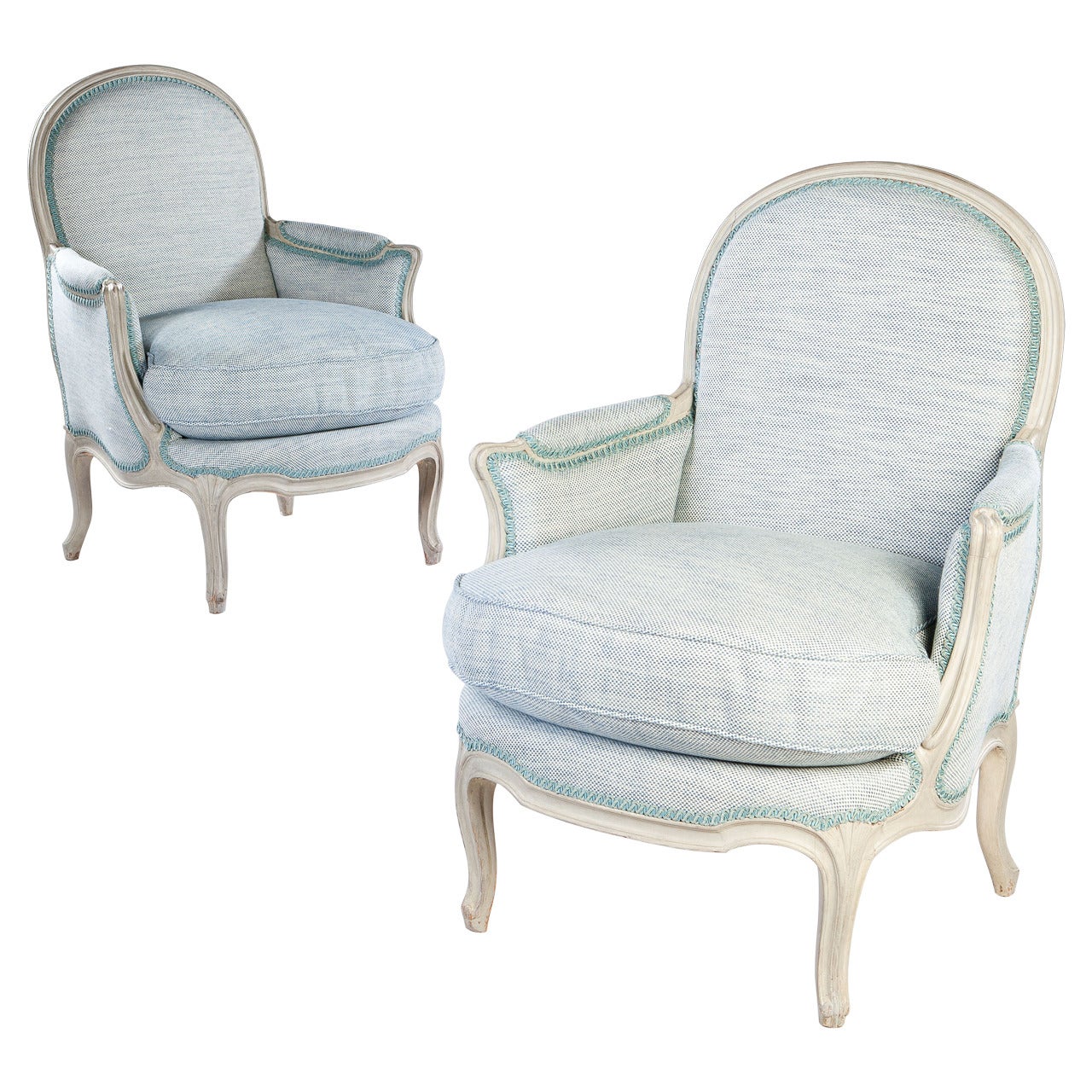 Pair of Grey Painted Louis XV French Bergere Armchairs
