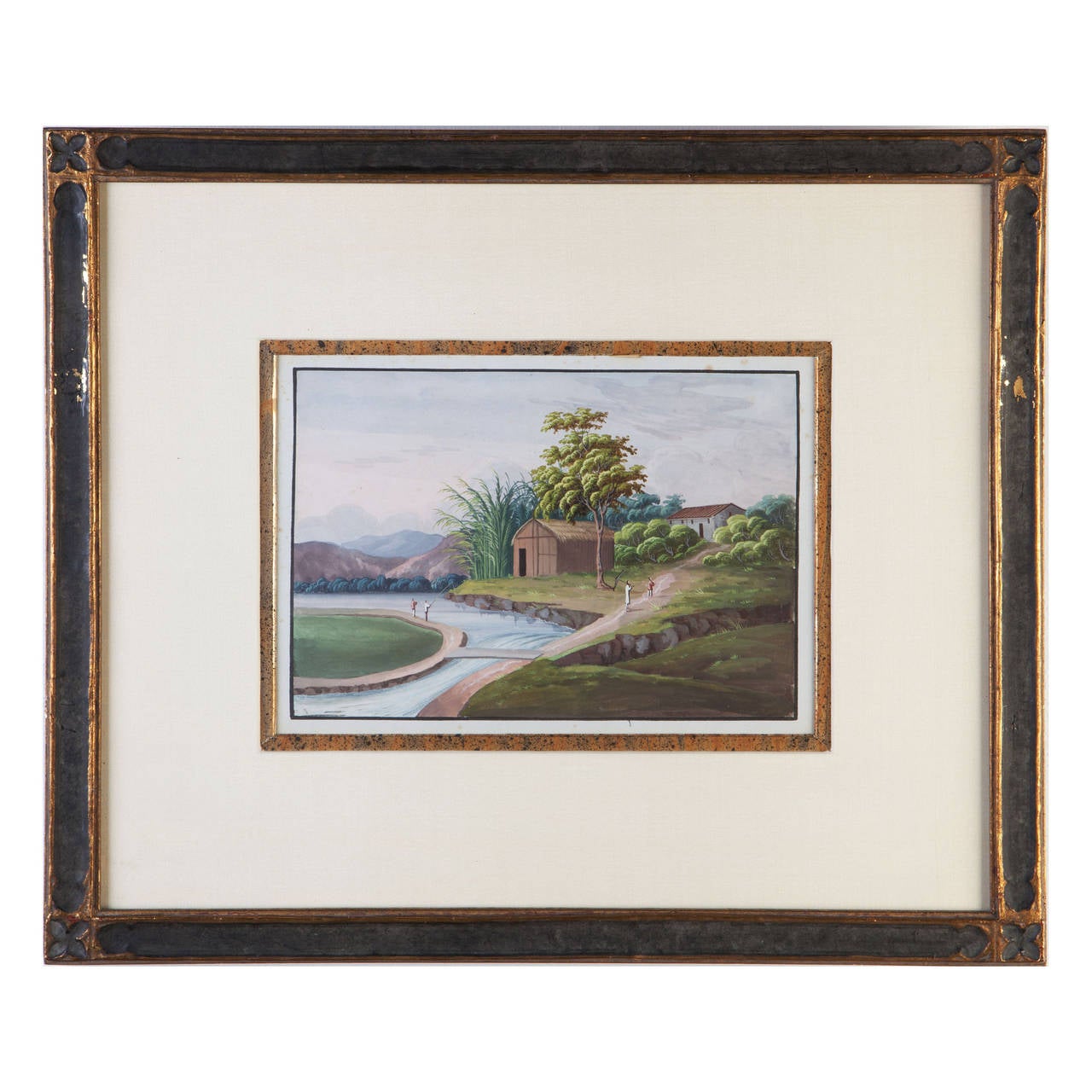 A set of nine Chinese export gouaches of local idealised landscapes, each depicting waterside architectural settings each mounted in a Gothic parcel-gilt frame, with a label from Ursus books in NY.