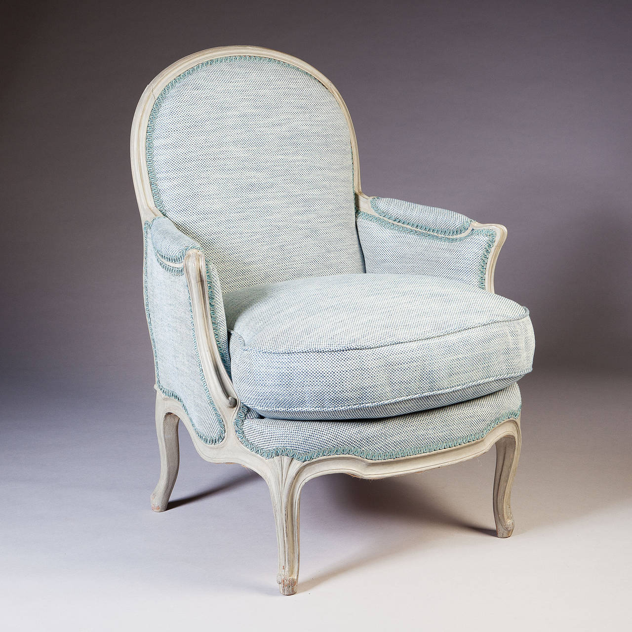 Neoclassical Pair of Grey Painted Louis XV French Bergere Armchairs