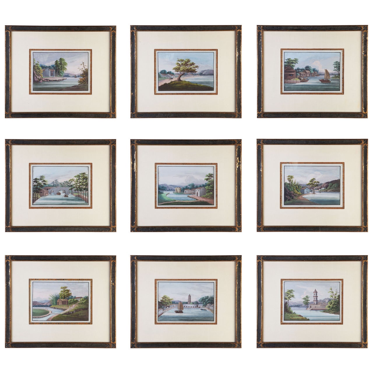 Set von neun chinesischen Export-G Gouache-Gemälde im Angebot
