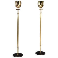 Vintage Pair of Italian Mid-Century Brass Column Standard Floor Lamps