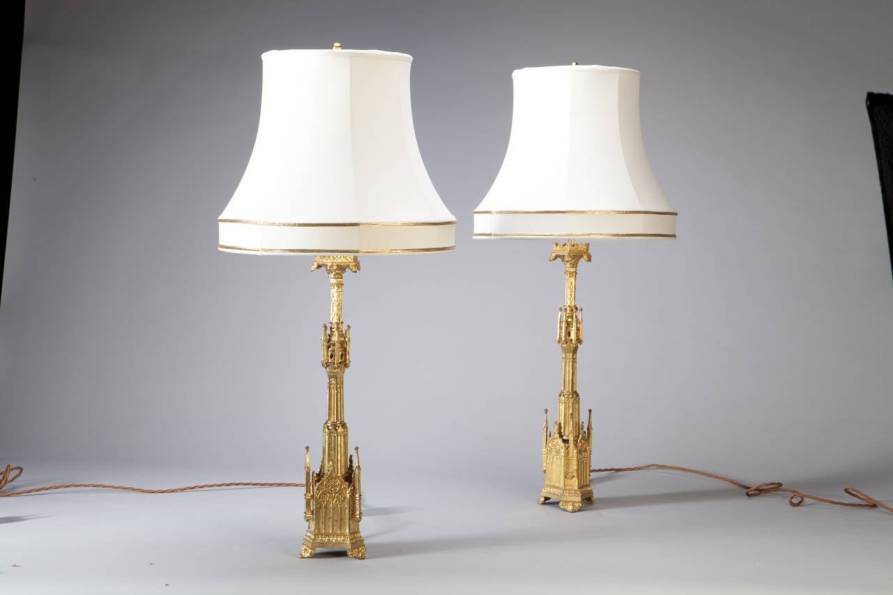 Pair of Louis Philippe Lacquered Brass Gothic Pricket Candlesticks as Lamps In Excellent Condition In London, by appointment only
