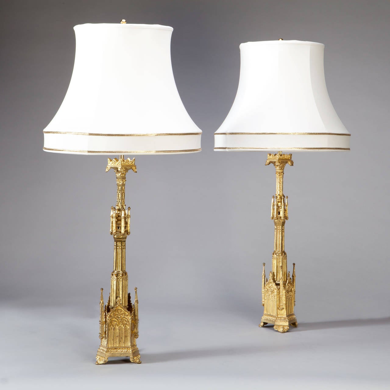 French Pair of Louis Philippe Lacquered Brass Gothic Pricket Candlesticks as Lamps