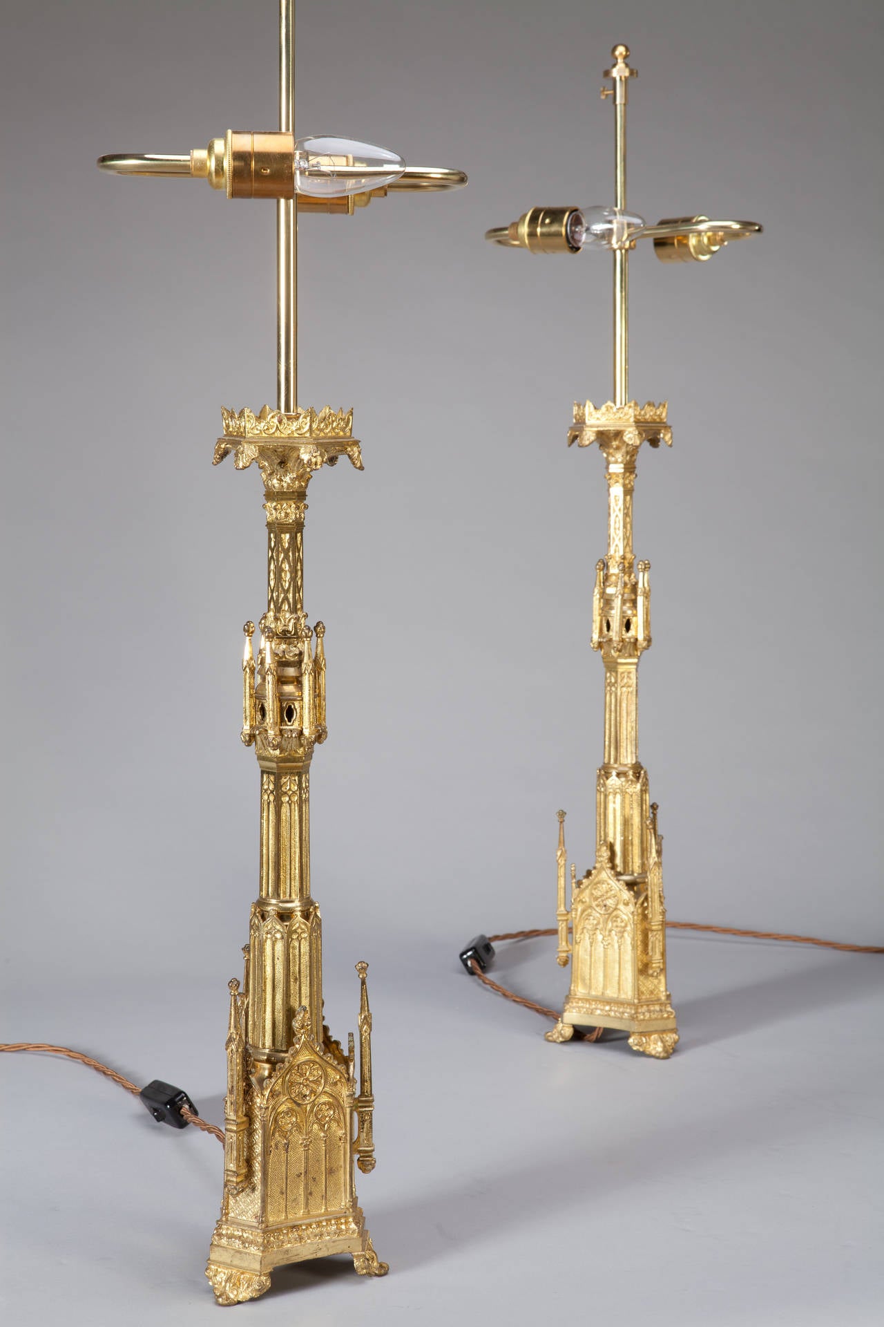 19th Century Pair of Louis Philippe Lacquered Brass Gothic Pricket Candlesticks as Lamps