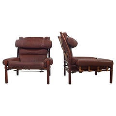 Pair of Arne Norell "Inca" Easy Chairs in Brown Leather