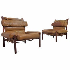 Pair of Arne Norell "Inca" Easy Chairs in Light Brown Leather