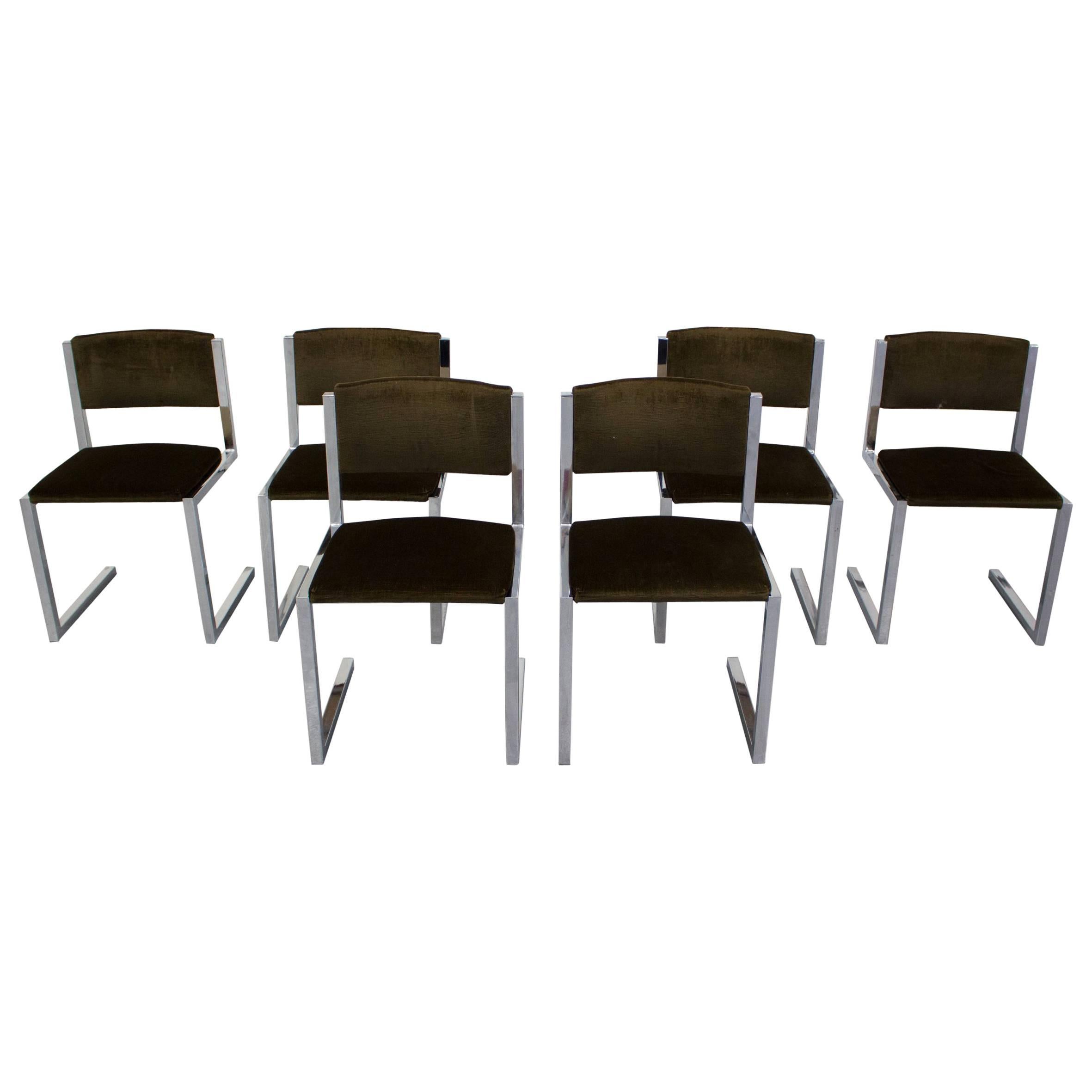 Six Chrome Framed Ding Chairs with Khaki Velvet Cushions For Sale